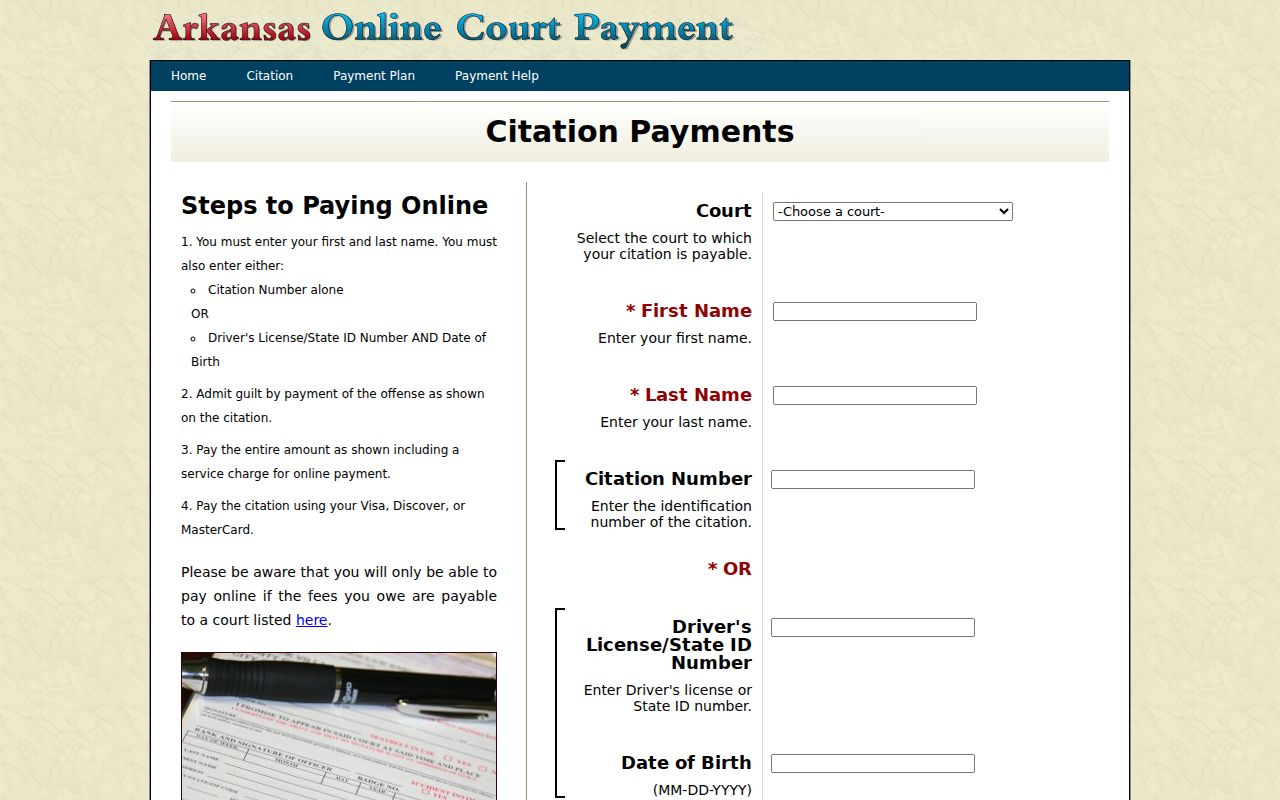 Blank Arkansas court citation payment search