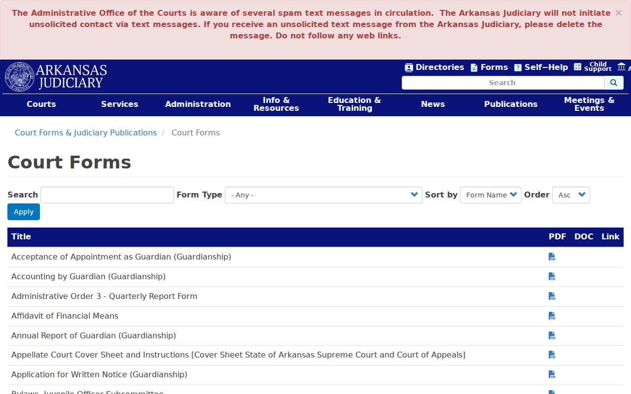 Arkansas Judiciary official warrant forms index